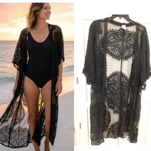 Embroidered Short Sleeve Whimsey Long Coverup